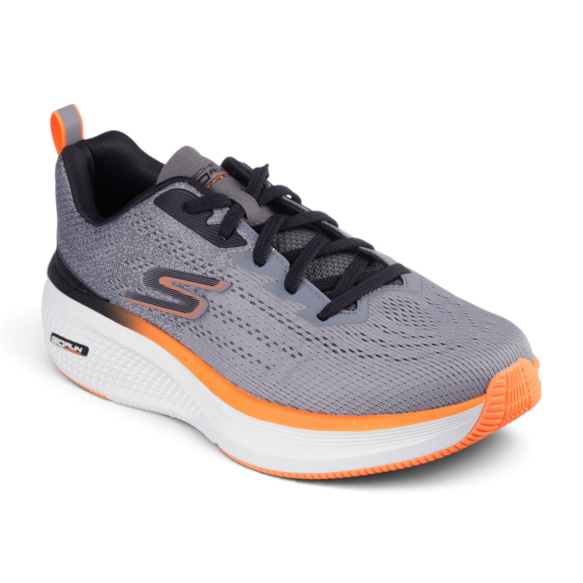 FRG GO RUN ELEVATE 2.0 FLUID MOTION running shoe in grey mesh with orange accents and a thick white cushioned sole
