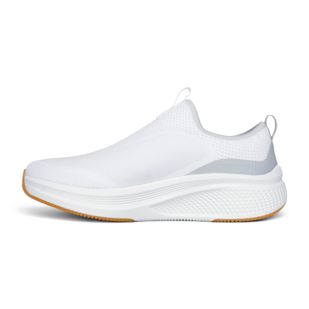 FRG GO RUN ELEVATE 2.0 UPRAISE 2.0 white slip-on running shoe with a thick cushioned sole and gum rubber outsole.