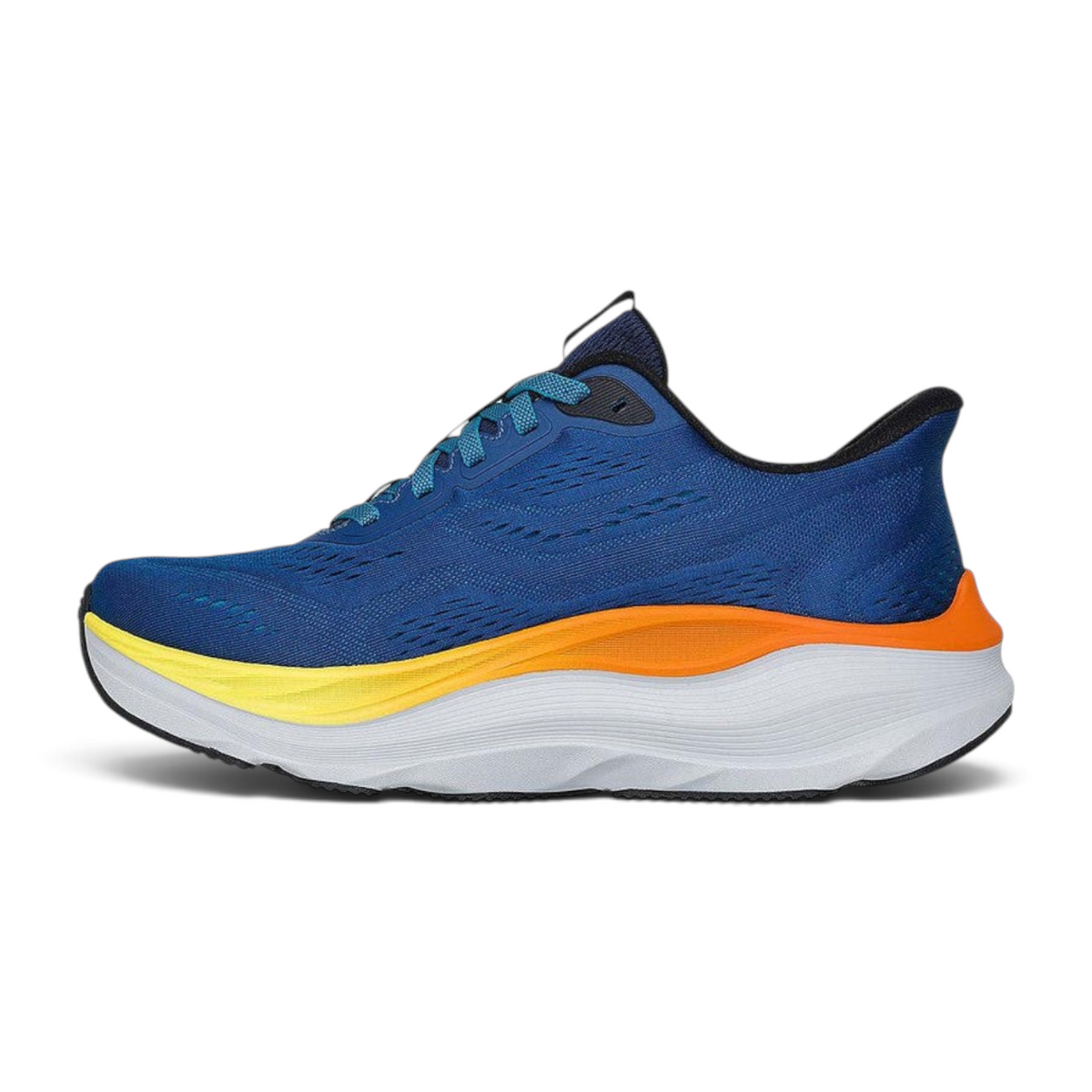 FRG Skechers Max Run navy and mint running shoe with engineered mesh upper and thick cushioned white midsole