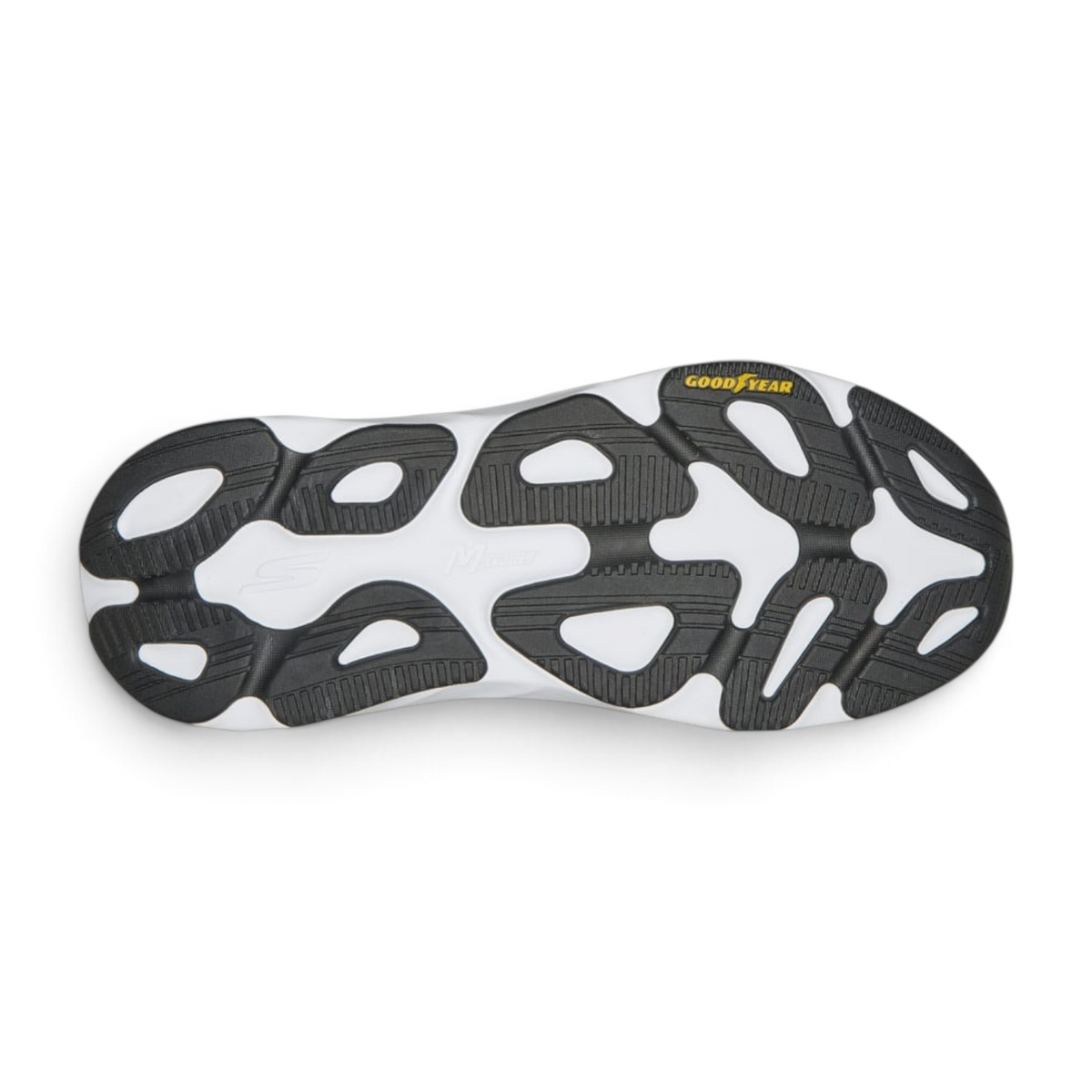 FRG Skechers MAX RUN running shoe outsole with black and white traction pattern and Goodyear rubber technology