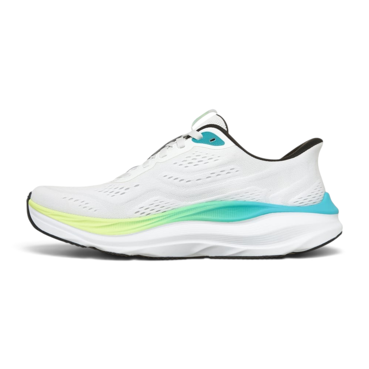 FRG Skechers MAX RUN slip-on running shoes in white with lime green and teal accents for athletic performance