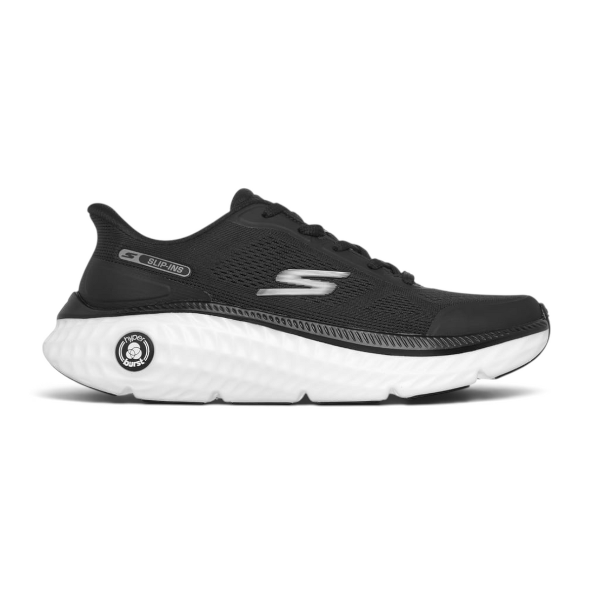 FRG Skechers Max Cushioning Hyper Craze 2.0 black and white performance slip-in sneaker with mesh upper