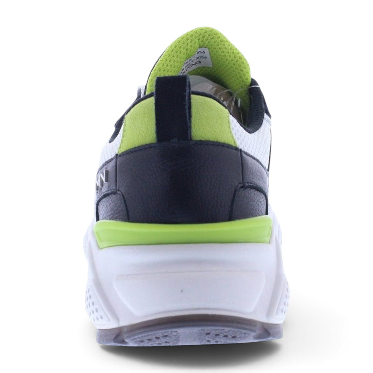 Rear view of FRG KRAZ sneakers featuring black leather, white mesh, and vibrant lime green accents on a thick sole.