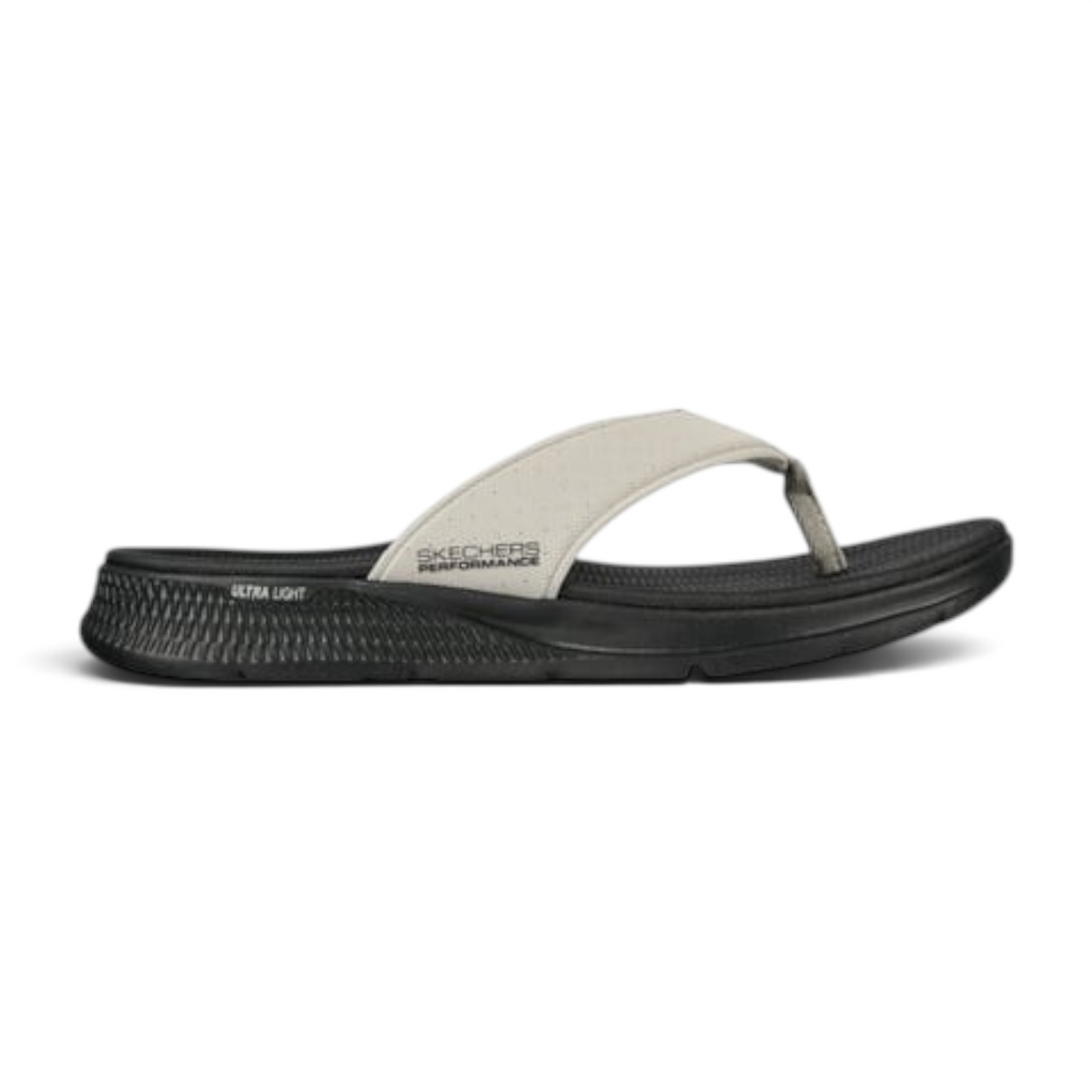 FRG Skechers men's GO Consistent thong sandal in beige and black with ULTRA LIGHT cushioning and contoured footbed.