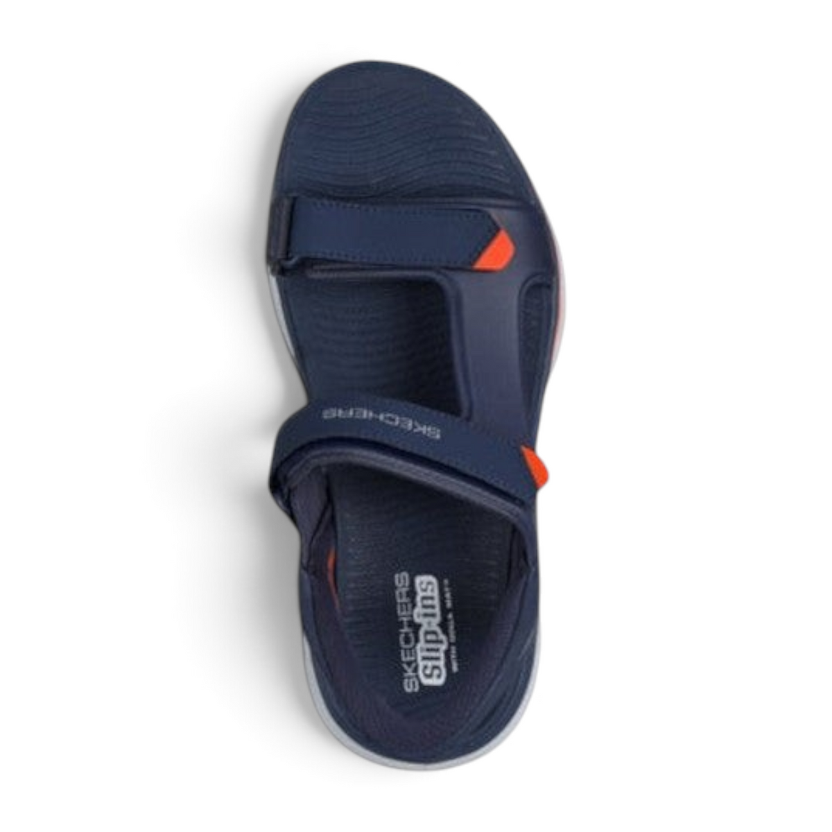 FRG Skechers GO WALK Glide-Step 2.0 navy and orange slip-on sandal with adjustable straps and cushioned footbed