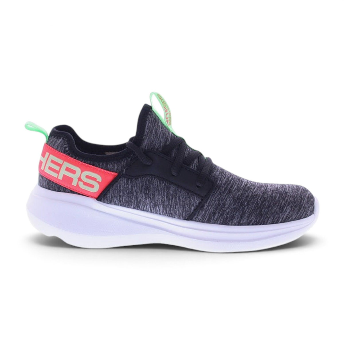 FRG GO RUN FAST running shoe in charcoal grey heathered knit with neon pink heel strap and lime green pull tab