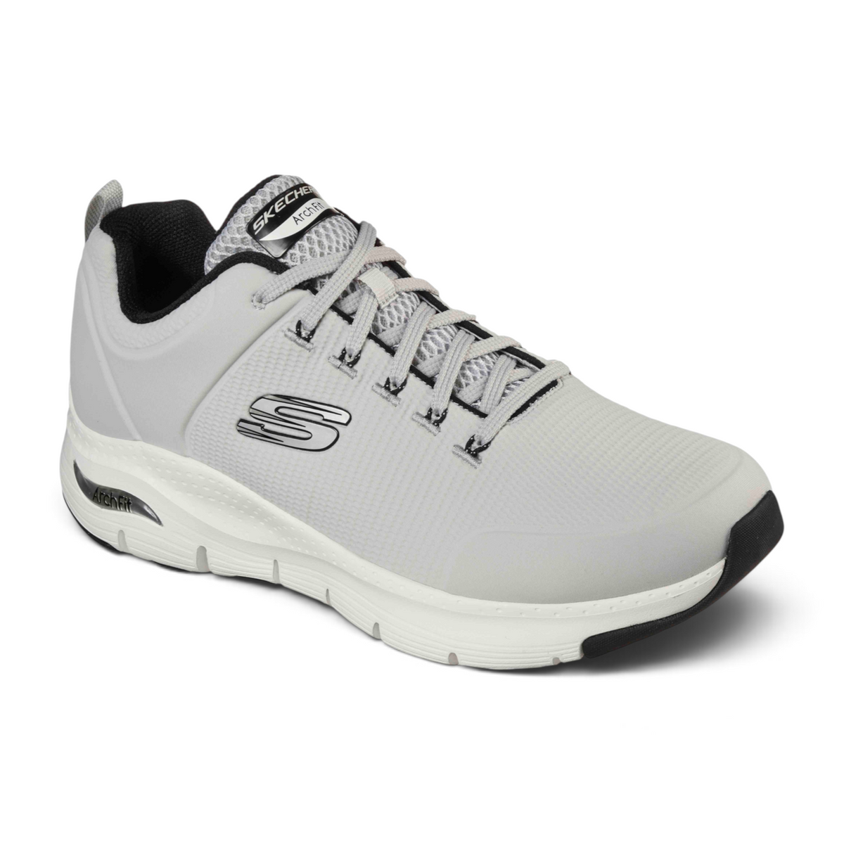 FRG Skechers Arch Fit grey mesh lace-up sneaker with cushioned midsole and podiatrist-certified arch support