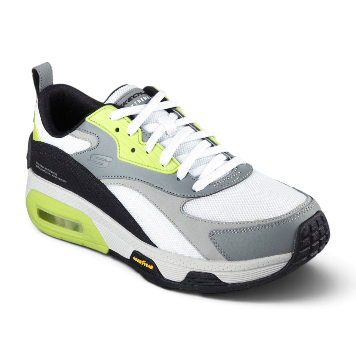 FRG Skechers AIR EXTREME V.2 sneaker in white, grey, and neon yellow with a Goodyear performance outsole