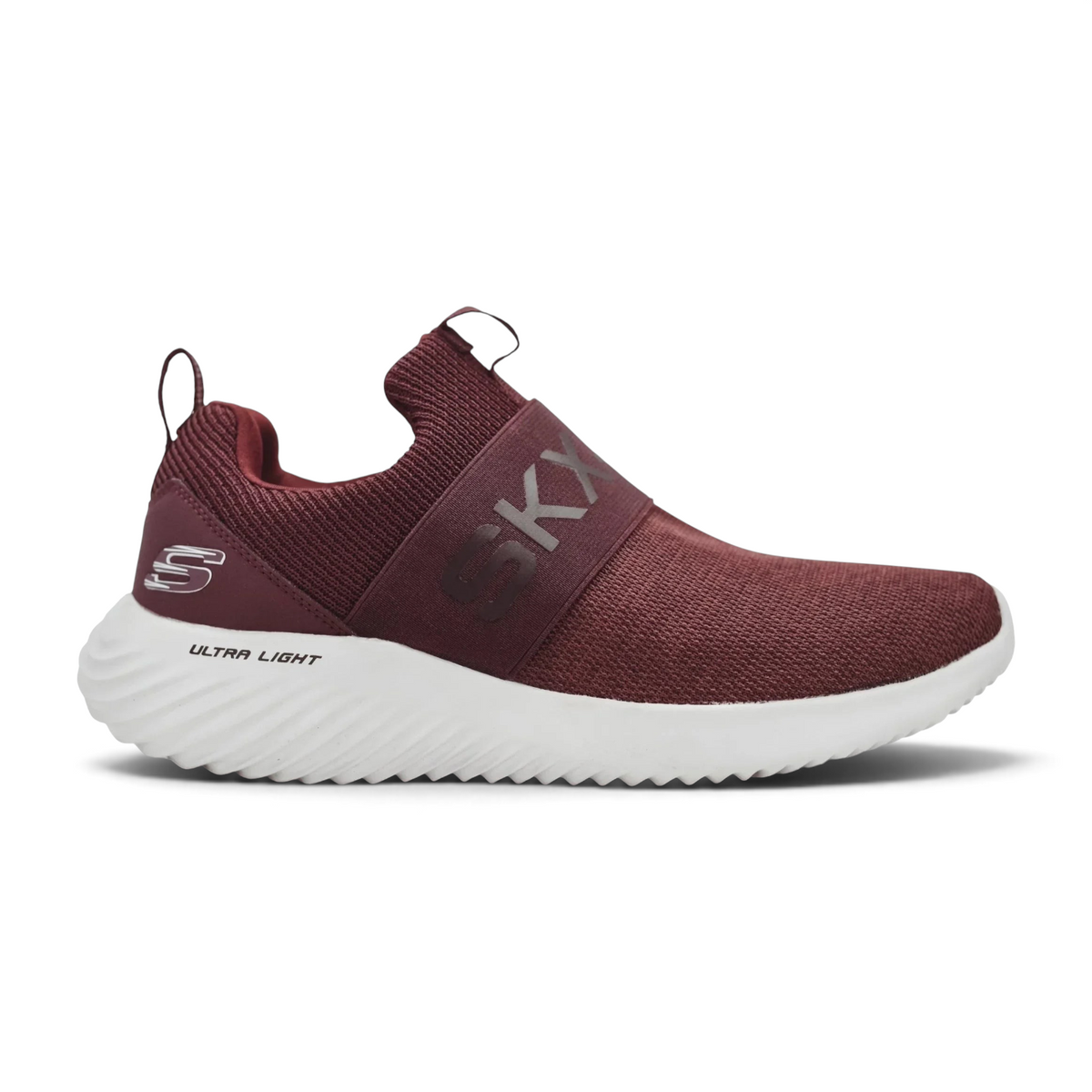 FRG BOUNDER slip-on sneaker in burgundy knit fabric with a white Ultra Light cushioned sole and SKX branding