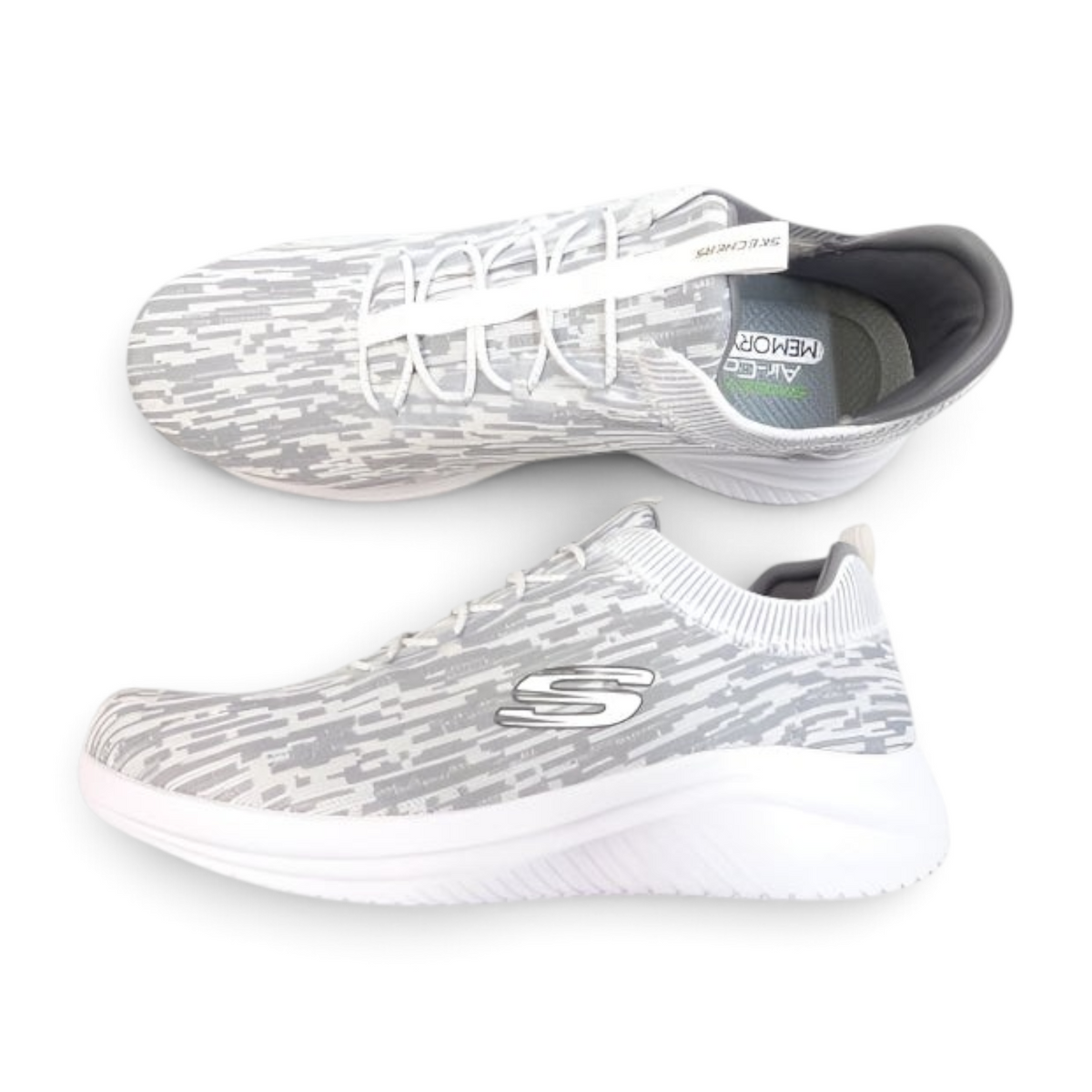 FRG Skechers Ultra Flex 3.0 grey and white camo pattern vegan sneakers with memory foam insoles