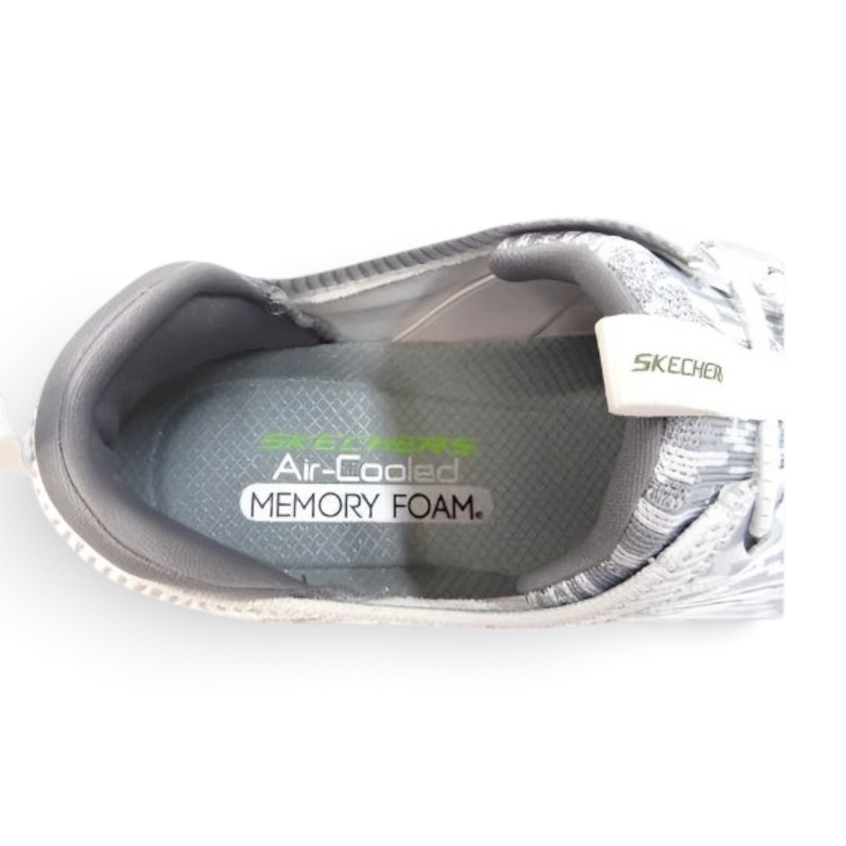 FRG Skechers Ultra Flex 3.0 sneaker interior showing grey Air-Cooled Memory Foam insole and vegan knit fabric