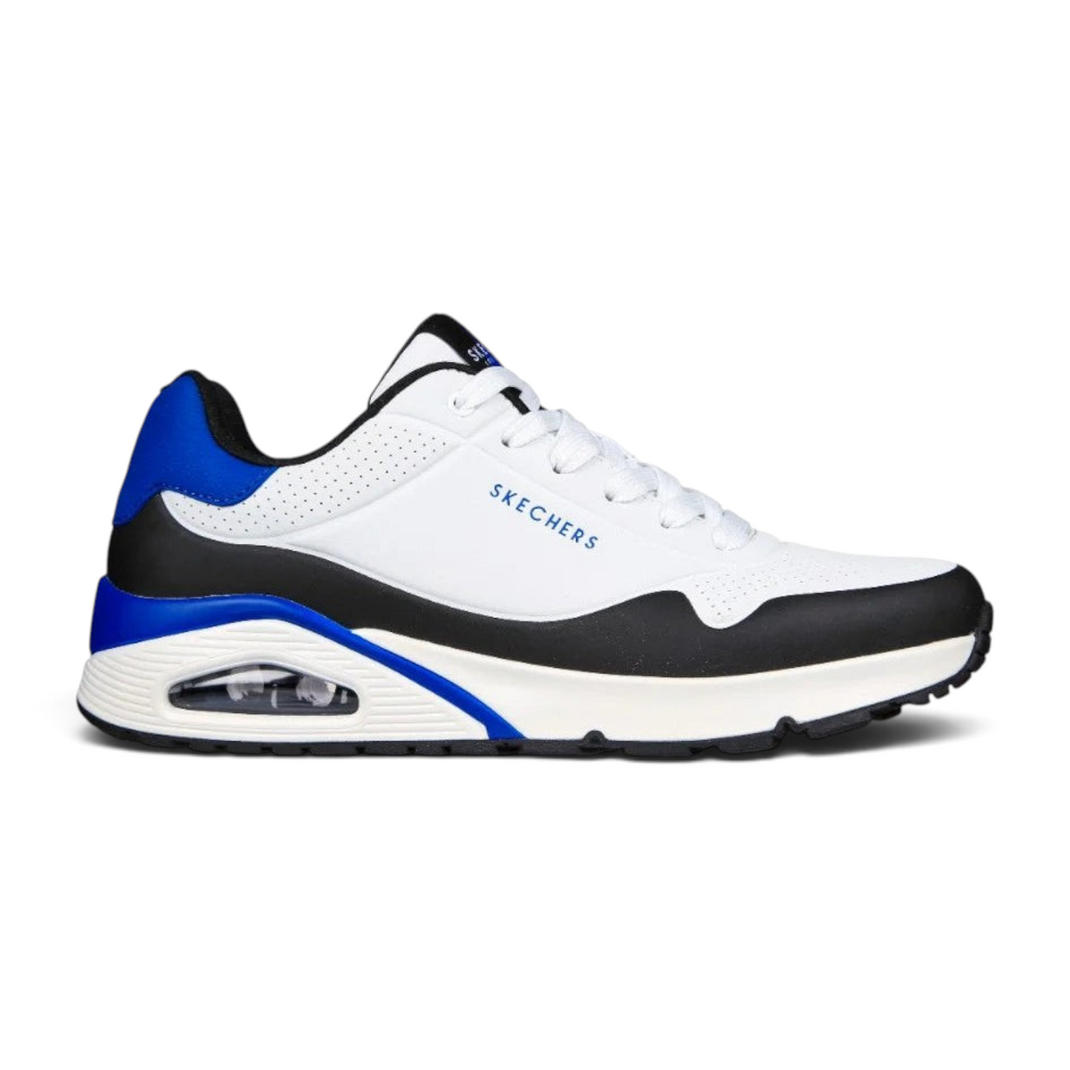 FRG UNO - BACK LIT Skechers sneaker in white with black and blue accents, featuring a cushioned air-sole unit.