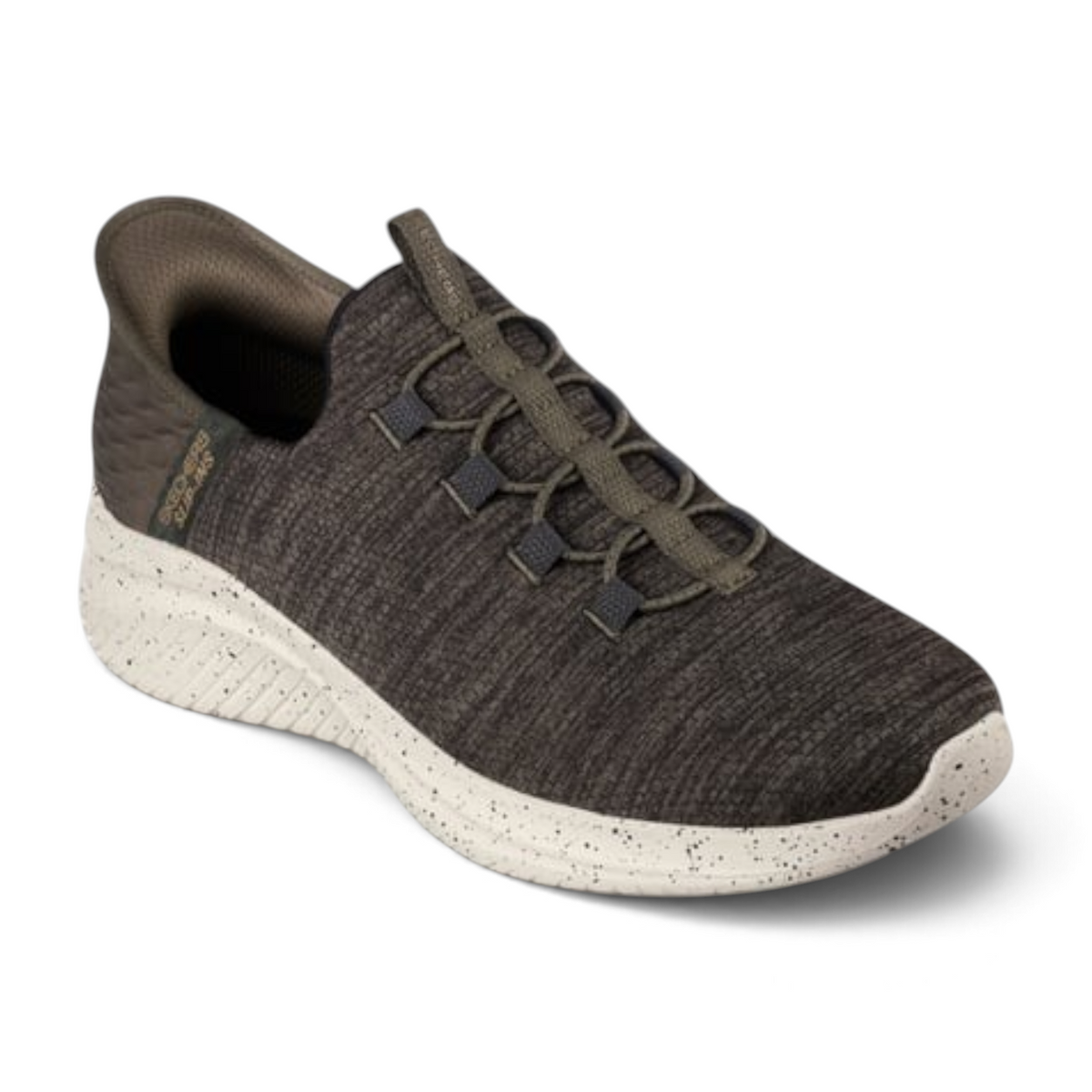 FRG SLIP-INS ULTRA FLEX 3.0 RIGHT AWAY sneaker in olive green knit with a speckled white cushioned sole
