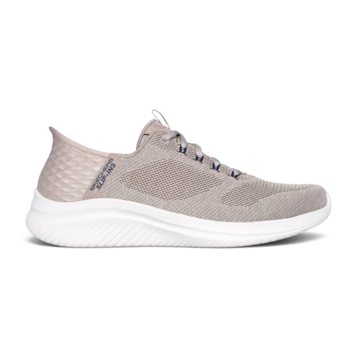 FRG Skechers Slip-Ins Ultra Flex 3.0 New Arc taupe vegan knit sneaker with cushioned memory foam and pop-up heel