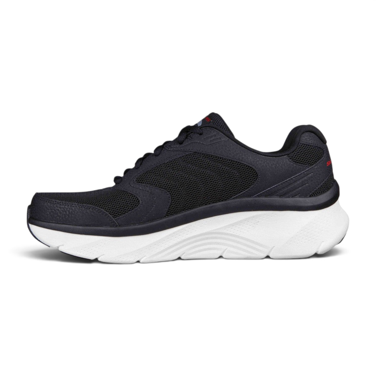 FRG ARCH FIT DLUX black mesh walking sneaker with a thick white cushioned midsole and side profile view