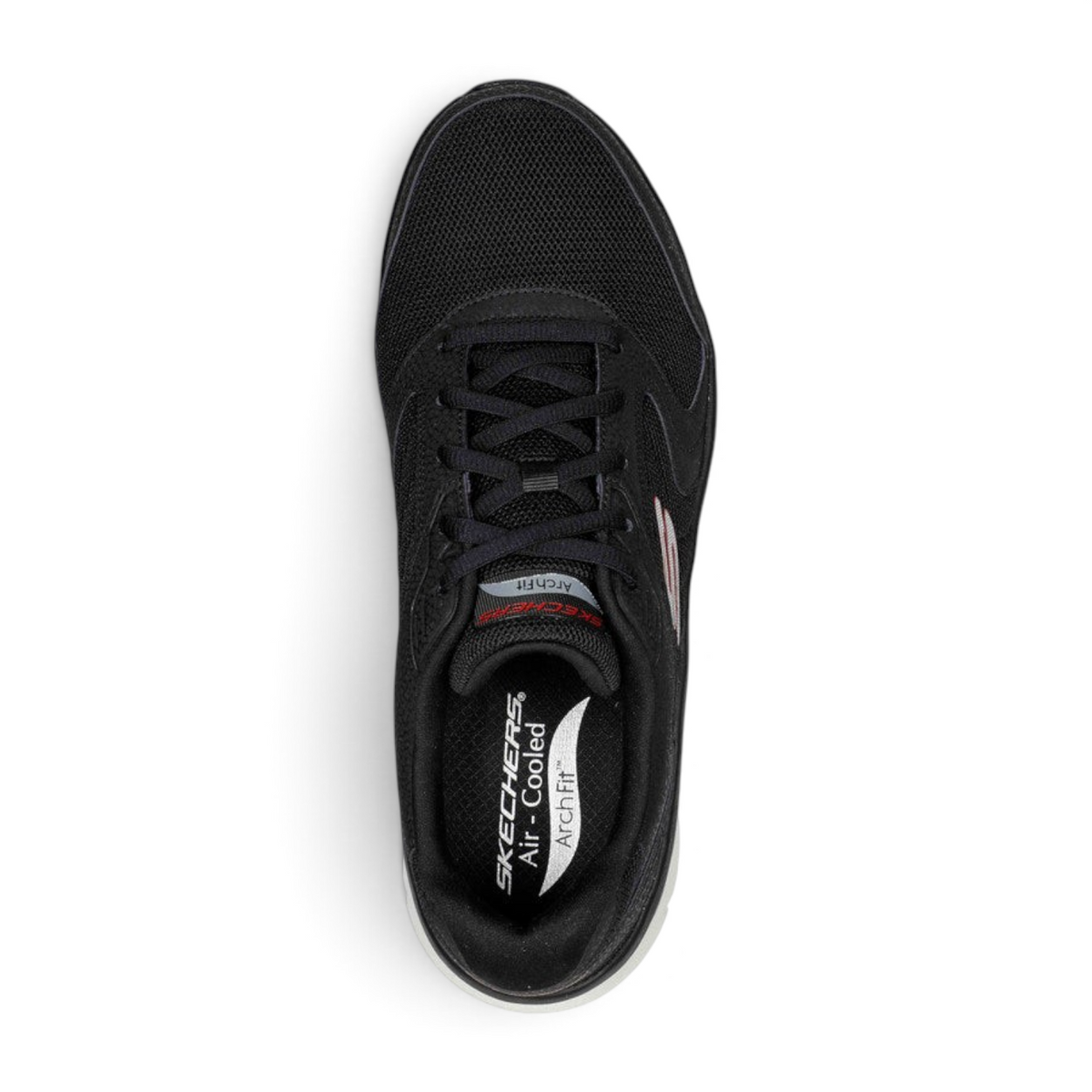 Top view of FRG ARCH FIT DLUX black mesh walking sneaker with cushioned insole and lace-up closure