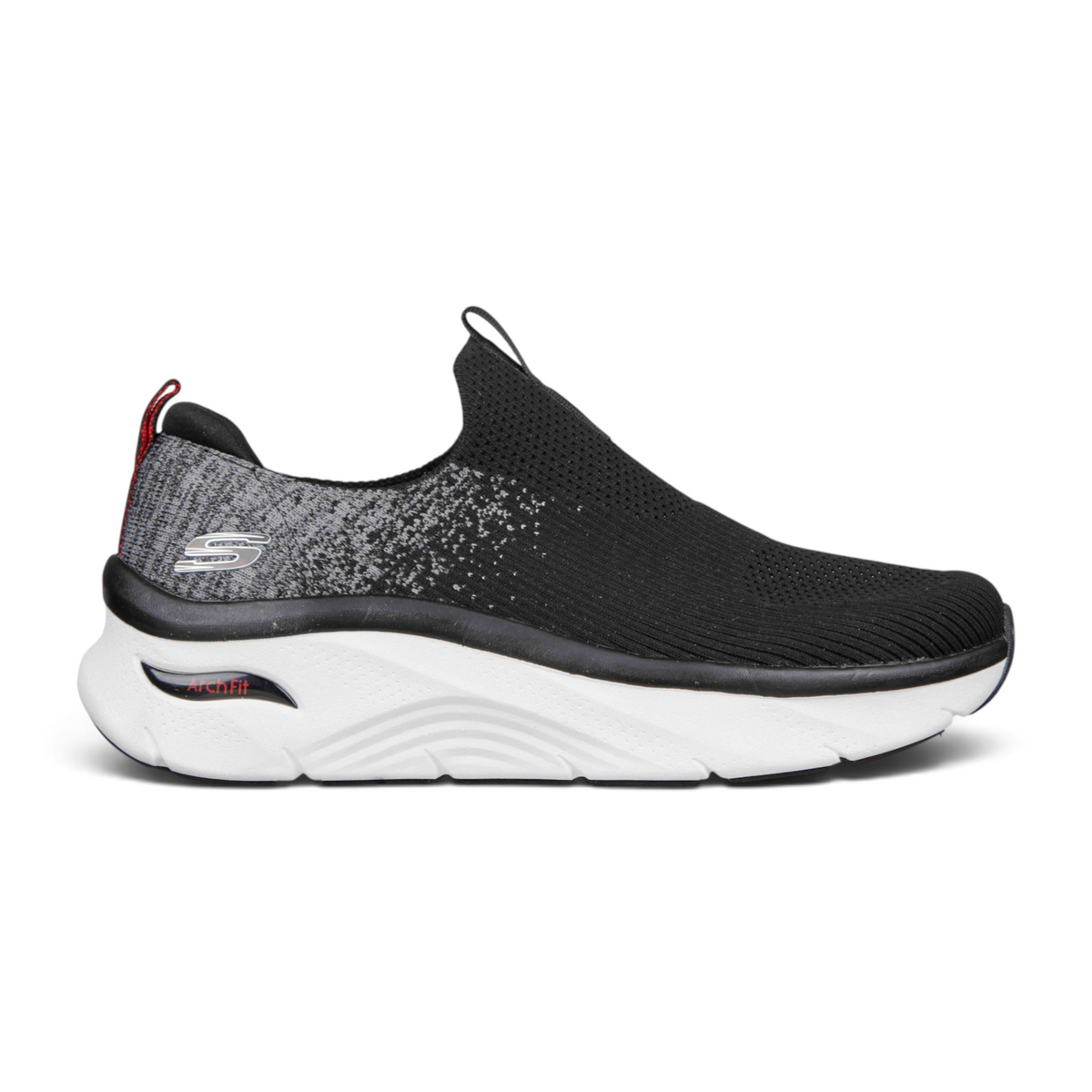 FRG Skechers Arch Fit DLUX slip-on sneaker in black and grey knit with a thick white cushioned midsole