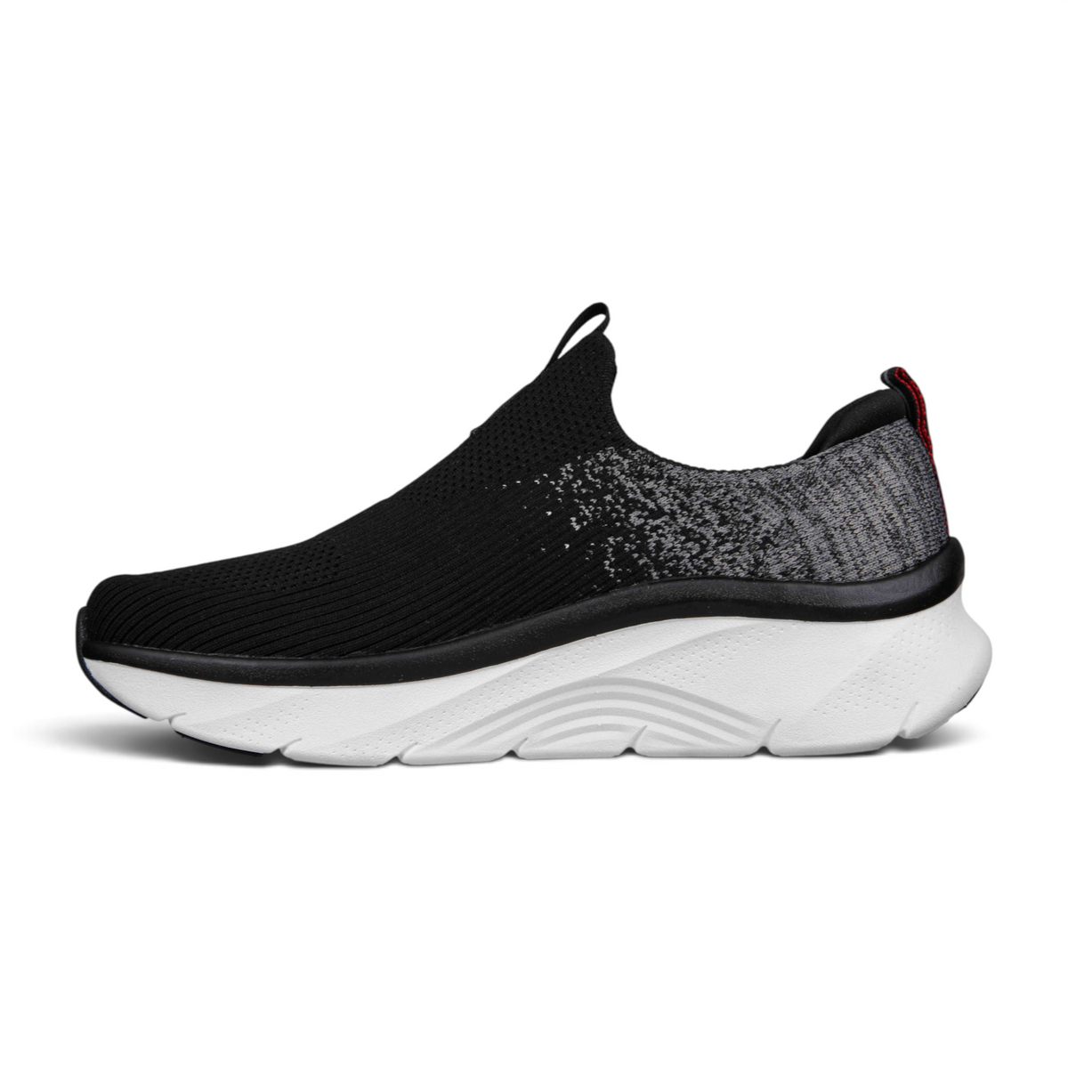 FRG Skechers Arch Fit DLUX slip-on sneaker in black and grey knit with a thick white cushioned midsole
