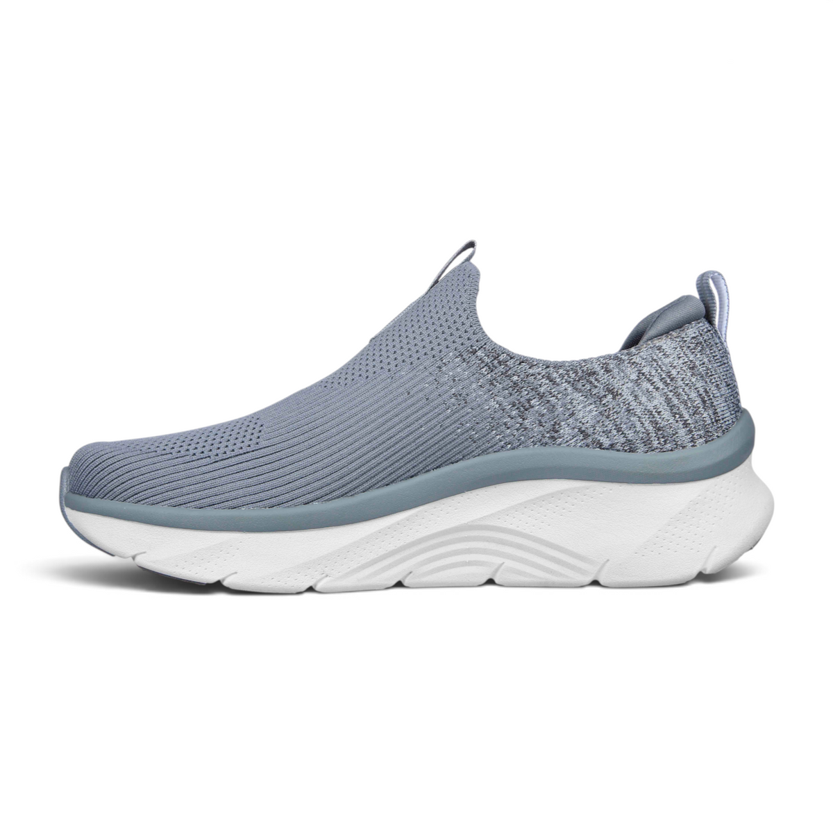 FRG Skechers Arch Fit DLUX grey slip-on sneaker with a cushioned white midsole and breathable knit upper
