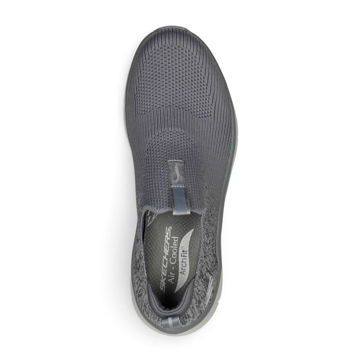 FRG Skechers Arch Fit DLUX slip-on sneaker in grey engineered knit with cushioned insole, top-down view.
