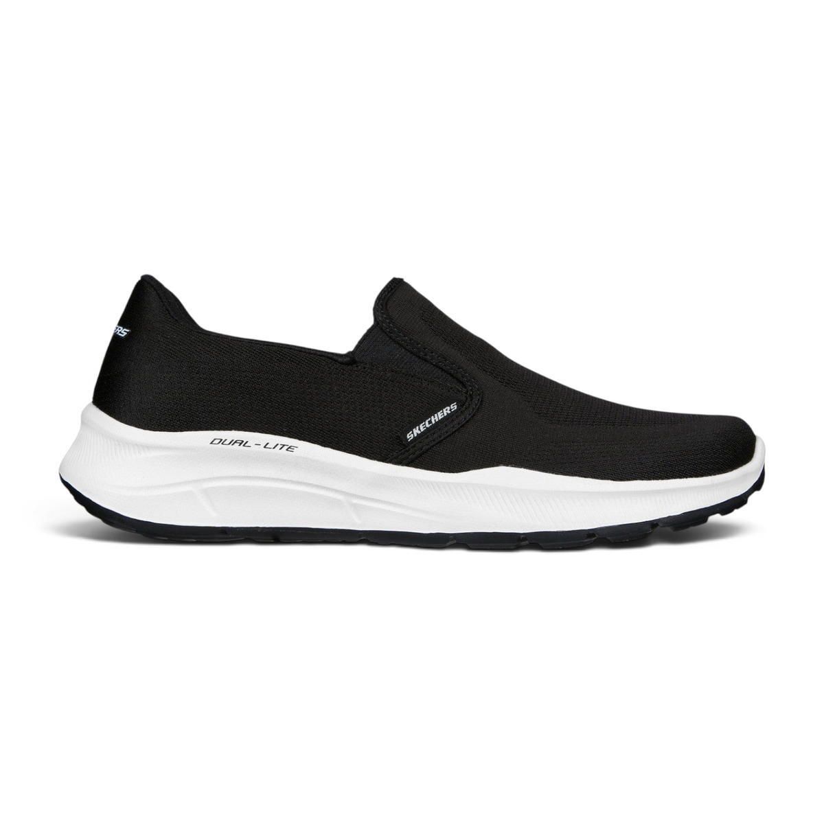 FRG Skechers Relaxed Fit Equalizer 5.0 black and white slip-on sneaker with cushioned sole and mesh upper