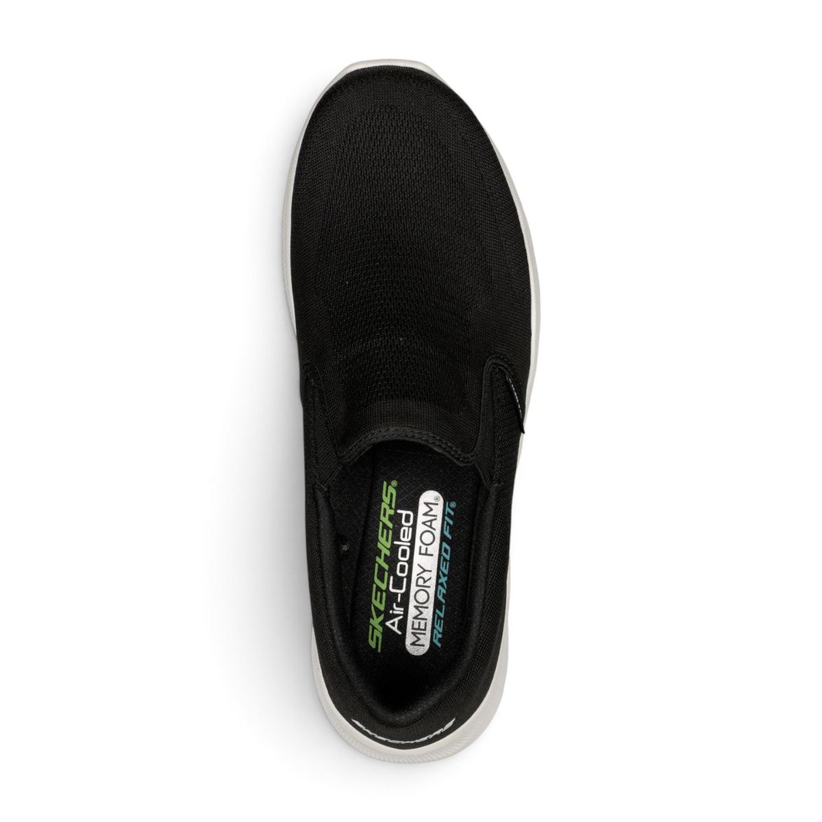 FRG Skechers Relaxed Fit Equalizer 5.0 black slip-on sneaker with white sole and cushioned memory foam insole