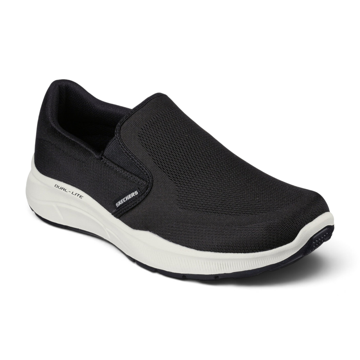FRG Skechers Relaxed Fit Equalizer 5.0 black and white slip-on sneaker with cushioned Dual-Lite sole