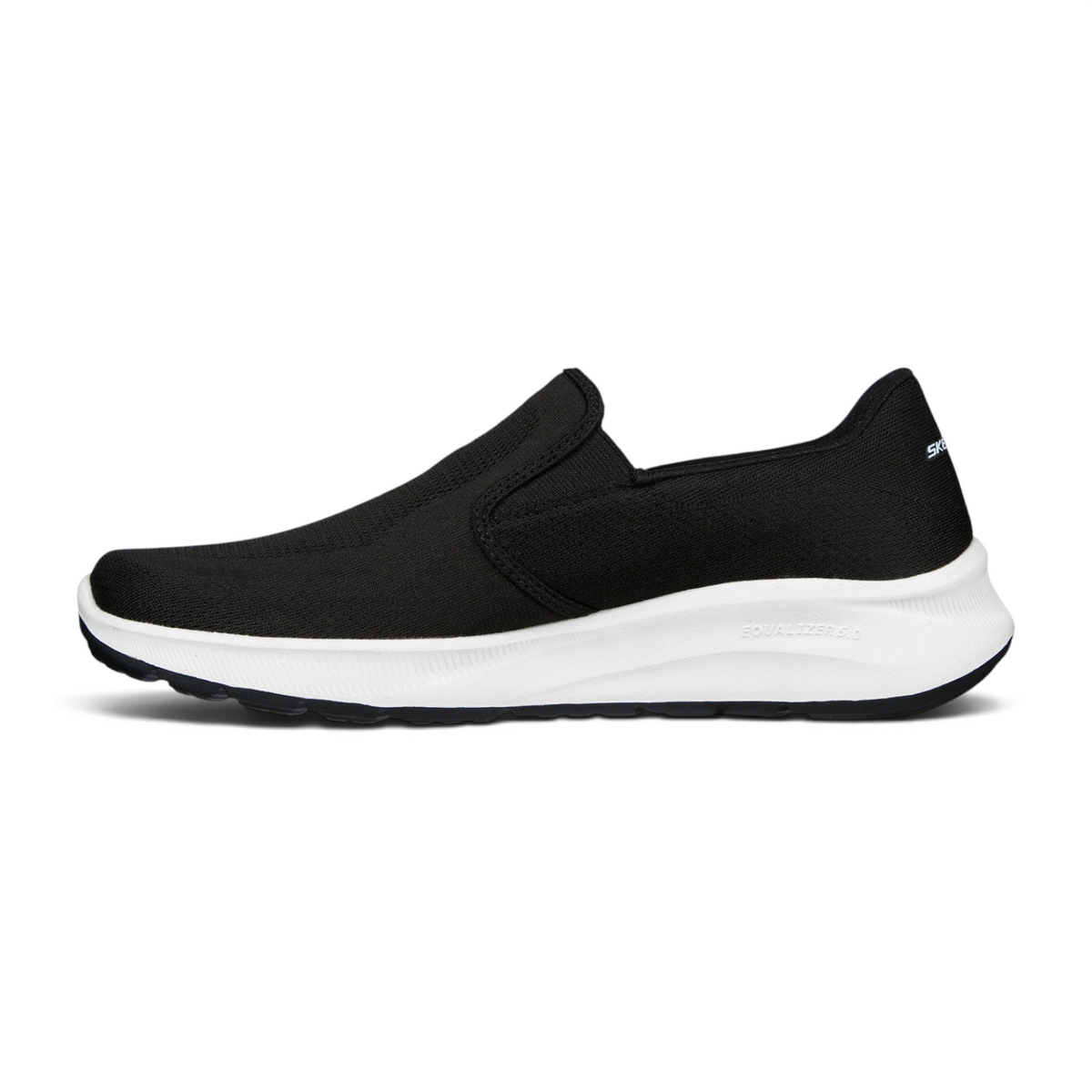 FRG Skechers Relaxed Fit Equalizer 5.0 black slip-on sneaker with white cushioned midsole and breathable mesh upper