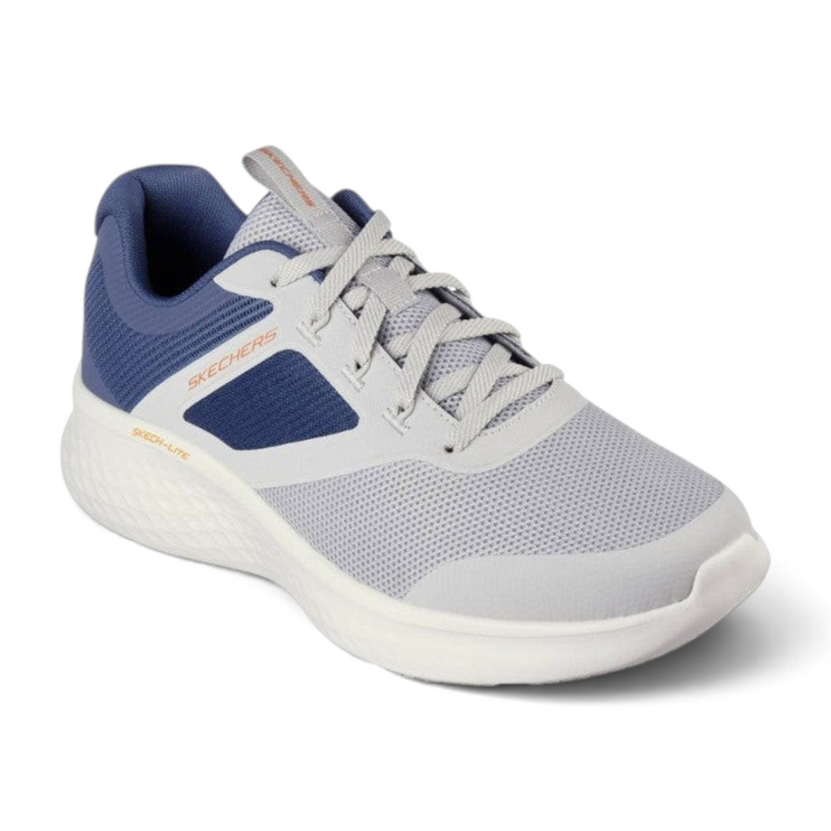 FRG Skechers Skech-Lite Pro lace-up sneaker in gray and navy with breathable mesh and shock-absorbing white sole.