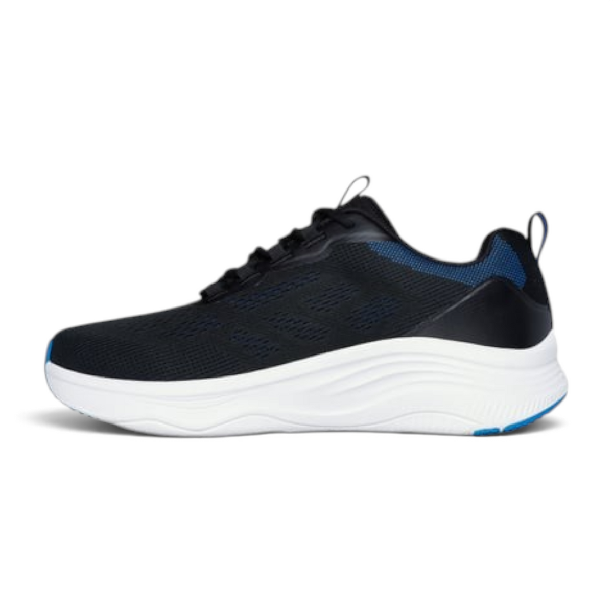FRG D'LUX FITNESS black and blue athletic sneaker with a thick white cushioned sole and breathable mesh upper