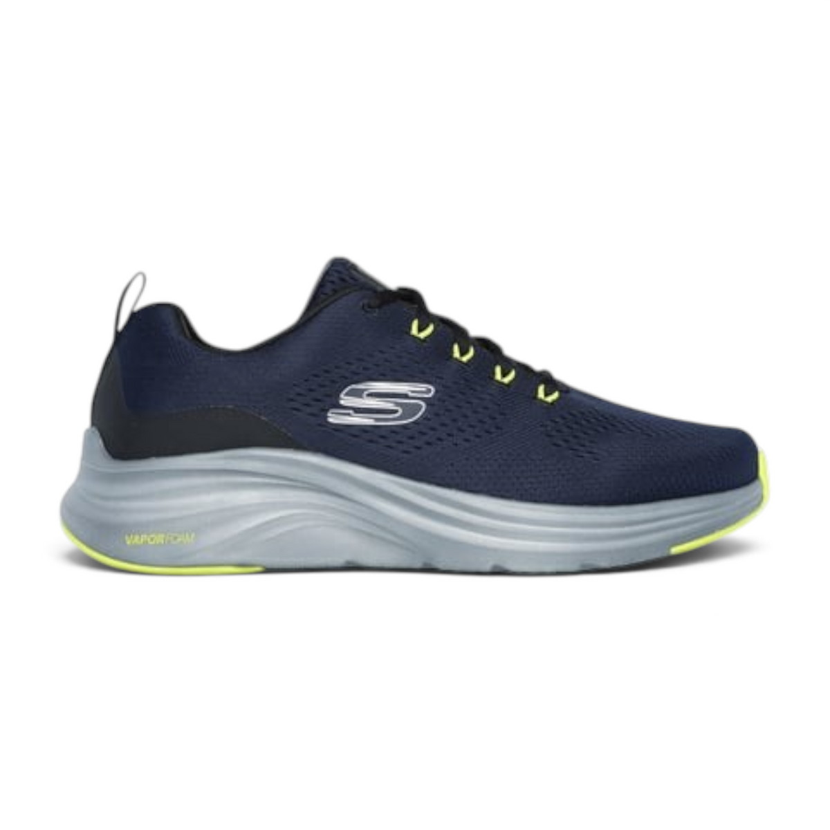 FRG VAPOR FOAM navy blue athletic sneaker with grey cushioned midsole and neon yellow accents