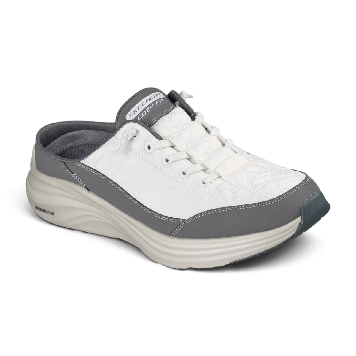 FRG Skechers Contour Foam Cozy Fit Shorva mule sneaker in white and charcoal with quilted mesh and stretch laces.