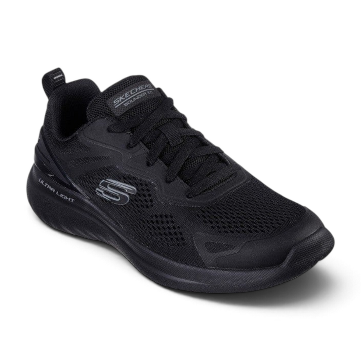 FRG Skechers Bounder 2.0 lightweight black athletic lace-up sneaker with cushioned sole and mesh upper