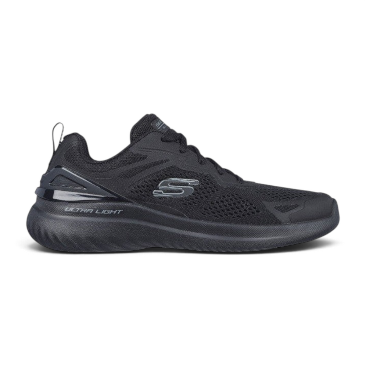 FRG Skechers Bounder 2.0 black lightweight lace-up athletic shoe with cushioned sole and breathable mesh upper