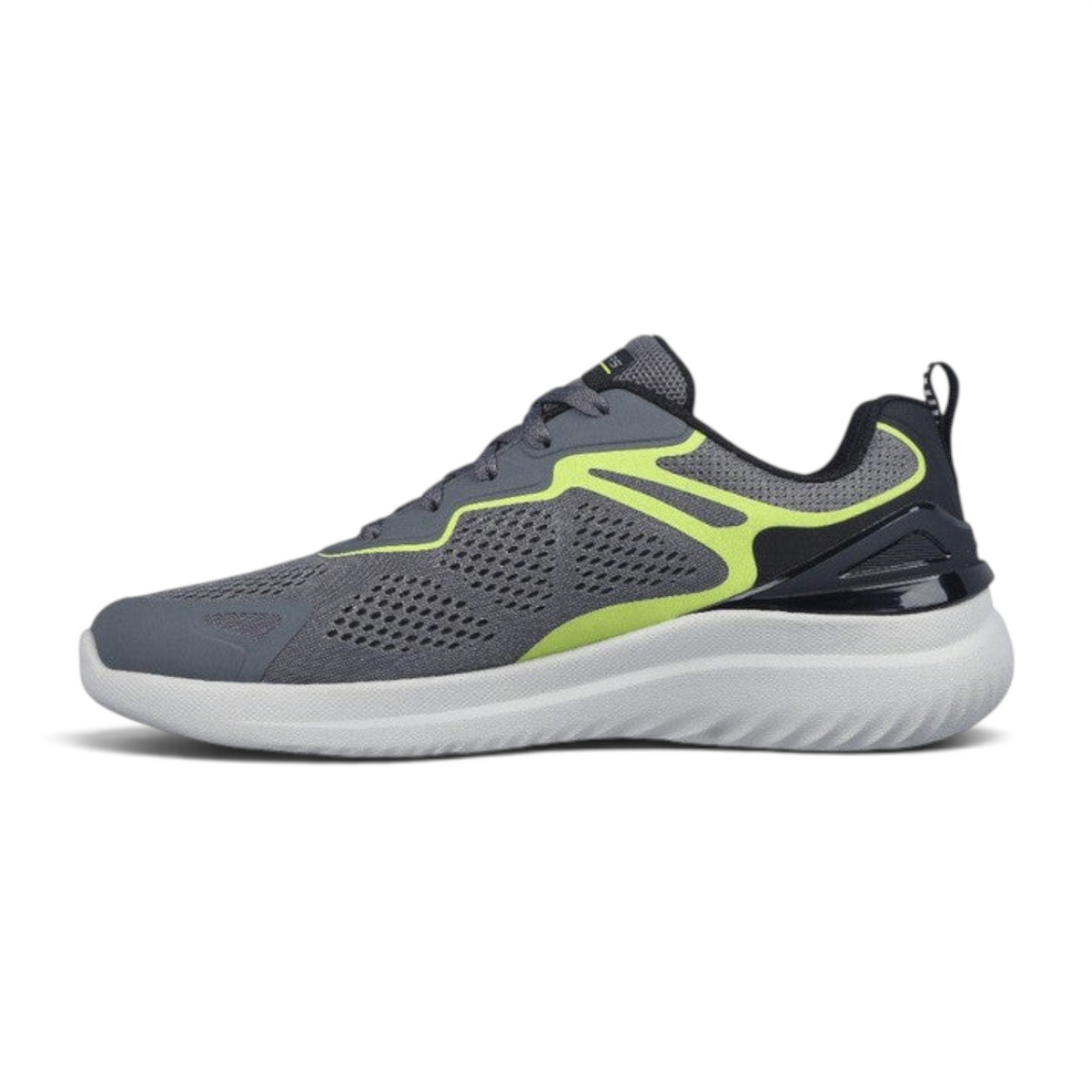 FRG Skechers Bounder 2.0 athletic shoe in charcoal grey and lime green with a breathable mesh upper and white sole