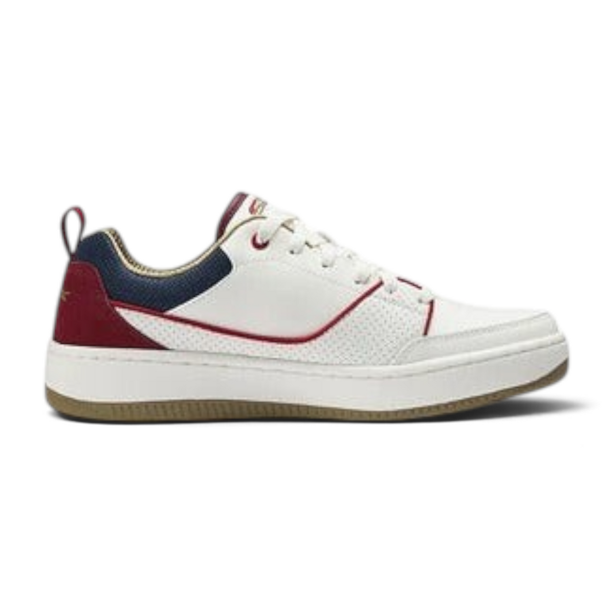 FRG SPORT COURT 92 white duraleather and suede lace-up sneaker with navy and red accents and memory foam sole