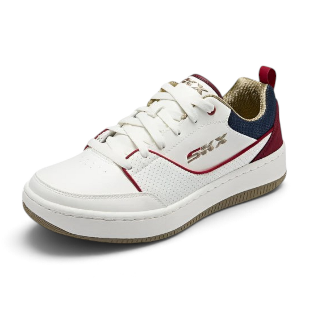 FRG SPORT COURT 92 white duraleather and suede lace-up sneaker with air-cooled memory foam and red and blue accents