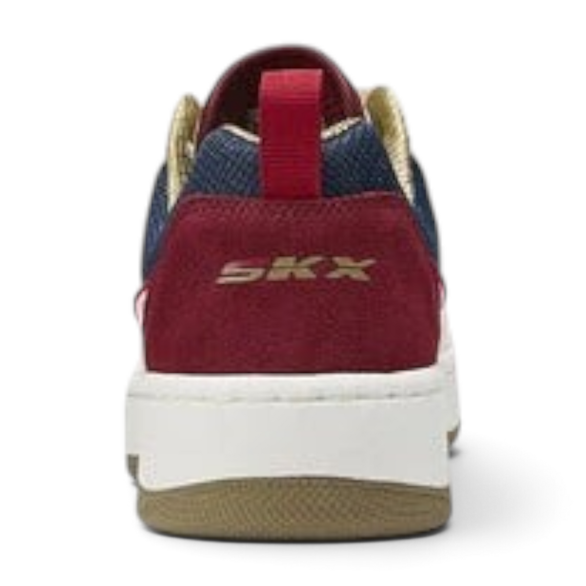 FRG SPORT COURT 92 sneaker back view featuring burgundy suede, navy mesh, gold accents, and white rubber sole