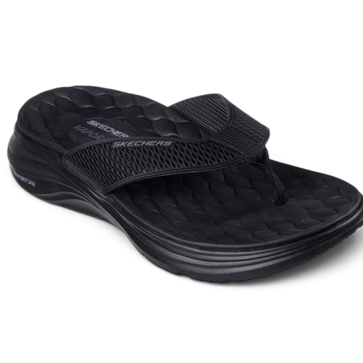 FRG Skechers Vapor Foam Sayto black sporty thong sandal with textured footbed and lightweight cushioning