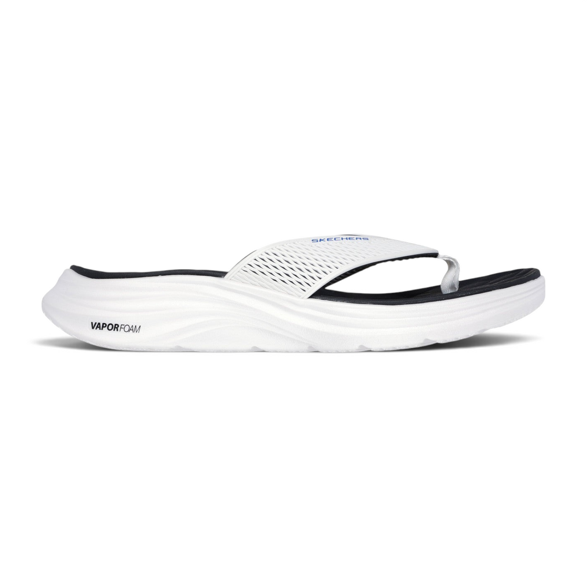 FRG Skechers Vapor Foam white and black slip-on sandal with a contoured, ultra-lightweight cushioned footbed.