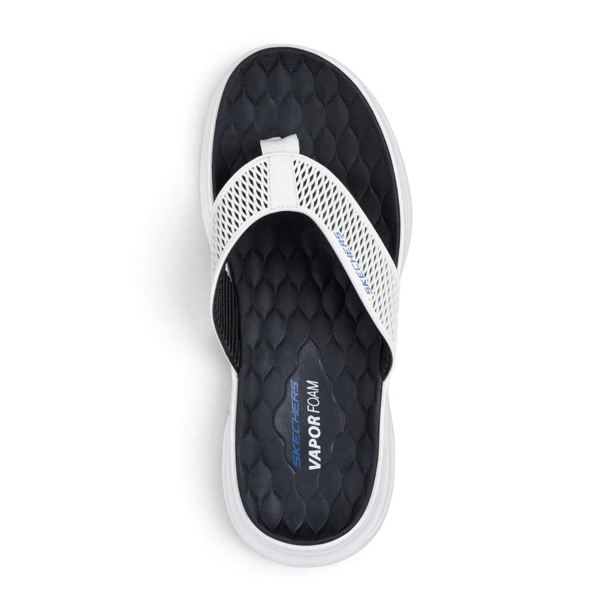 FRG Skechers Vapor Foam slip-on sandal in white and black with a contoured textured footbed for comfort