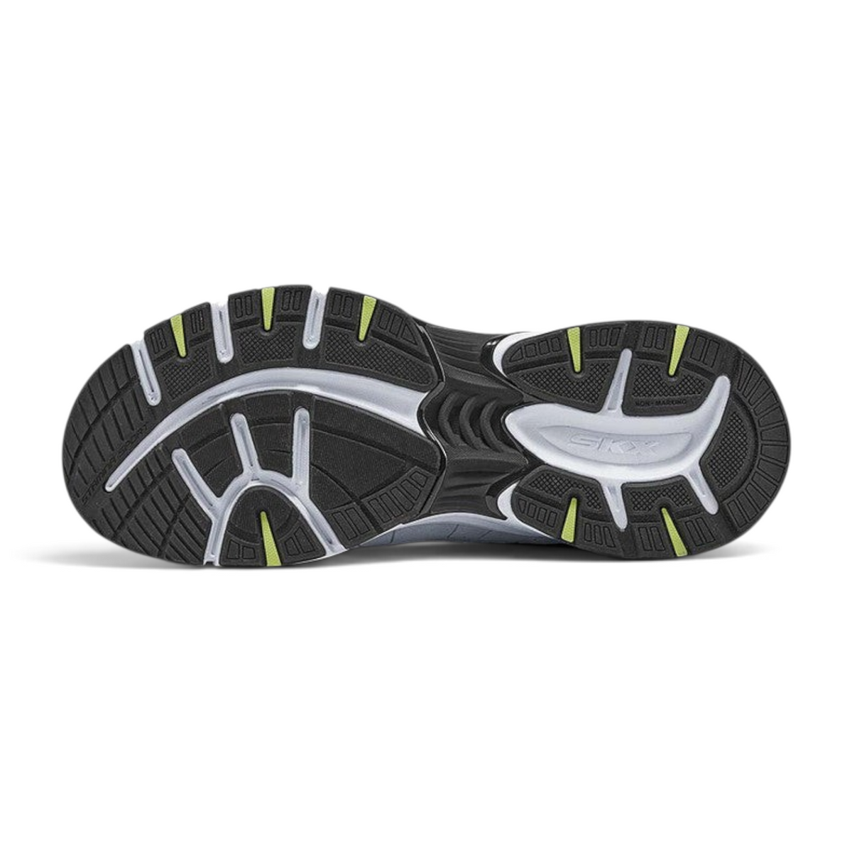 FRG Skechers Stamina Sport Stoaver sneaker outsole featuring a black, white, and lime green traction pattern.