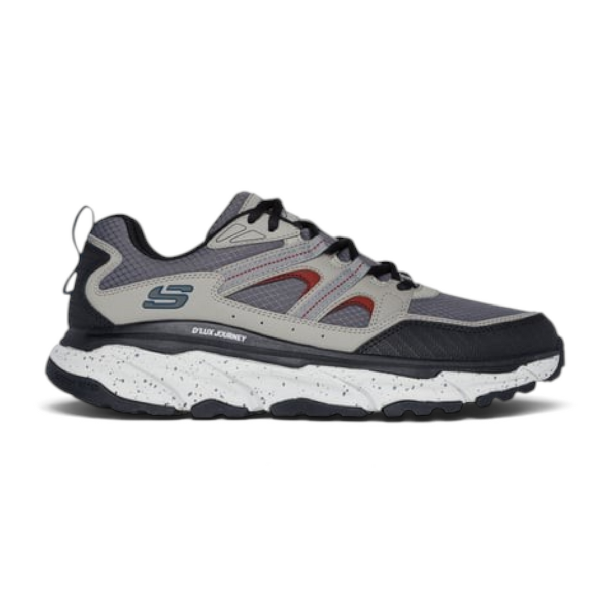 FRG Relaxed Fit D'Lux Journey mesh lace-up sneaker in grey and black with speckled white midsole and memory foam.