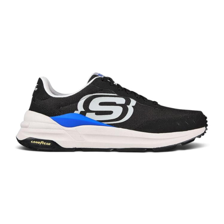 FRG Global Jogger black athletic sneaker with white S logo, blue accent, and Goodyear performance rubber outsole