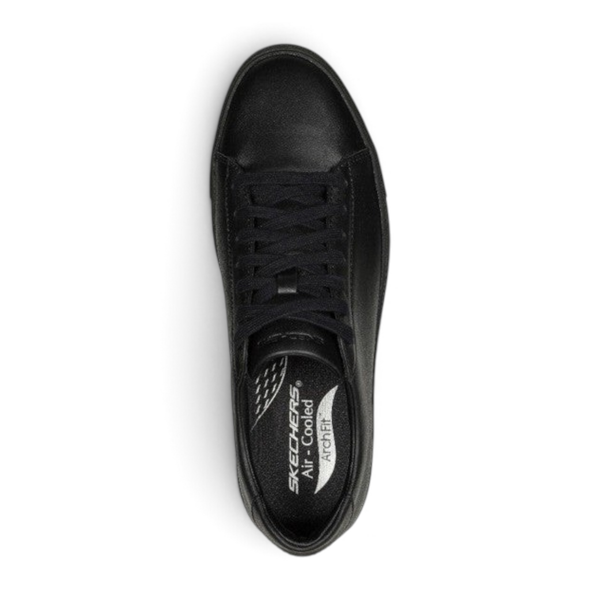 FRG Skechers Arch Fit Legend black premium leather sneakers with minimalist design and top-down view