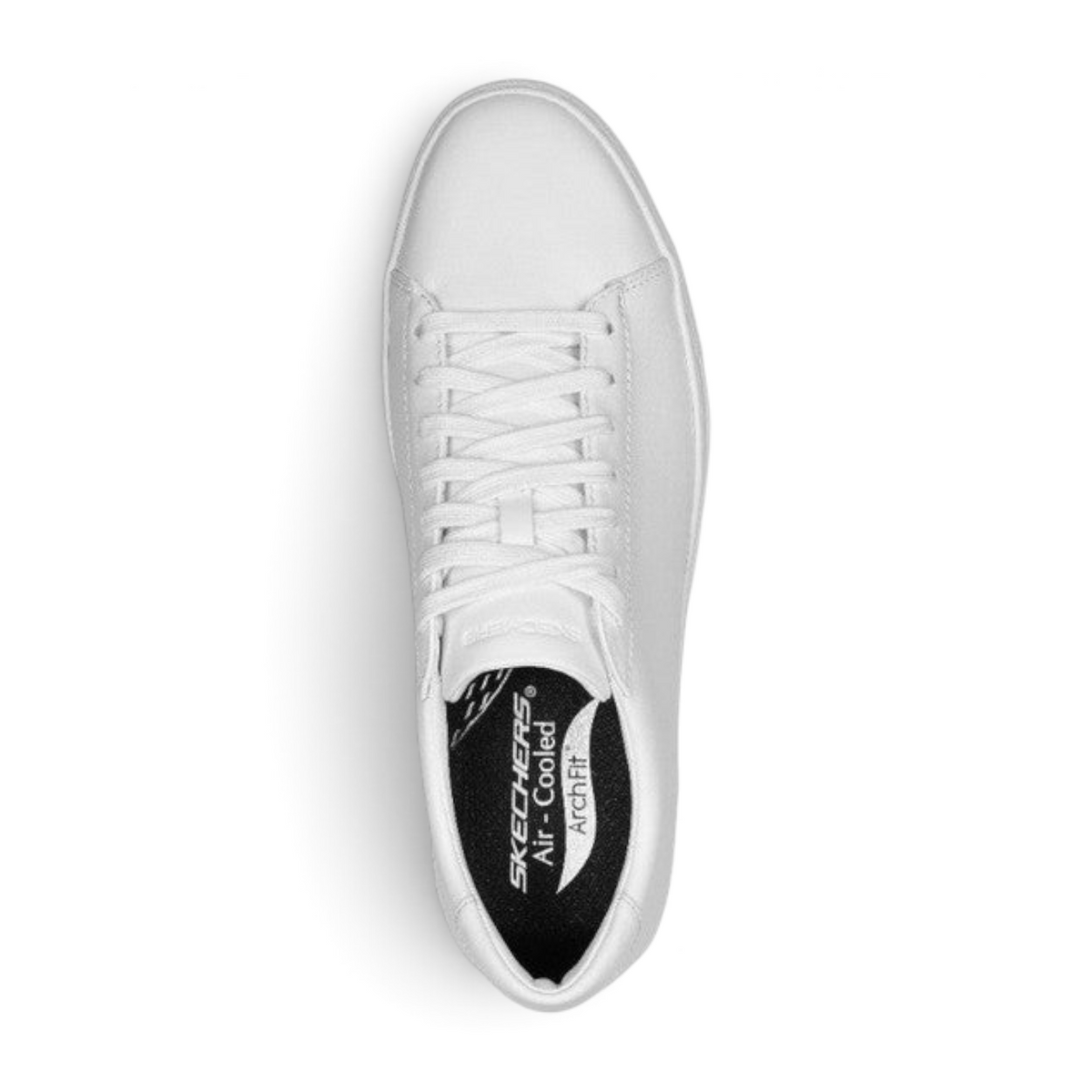 FRG Skechers Arch Fit Legend white premium leather sneakers, top view showing minimalist lace-up design
