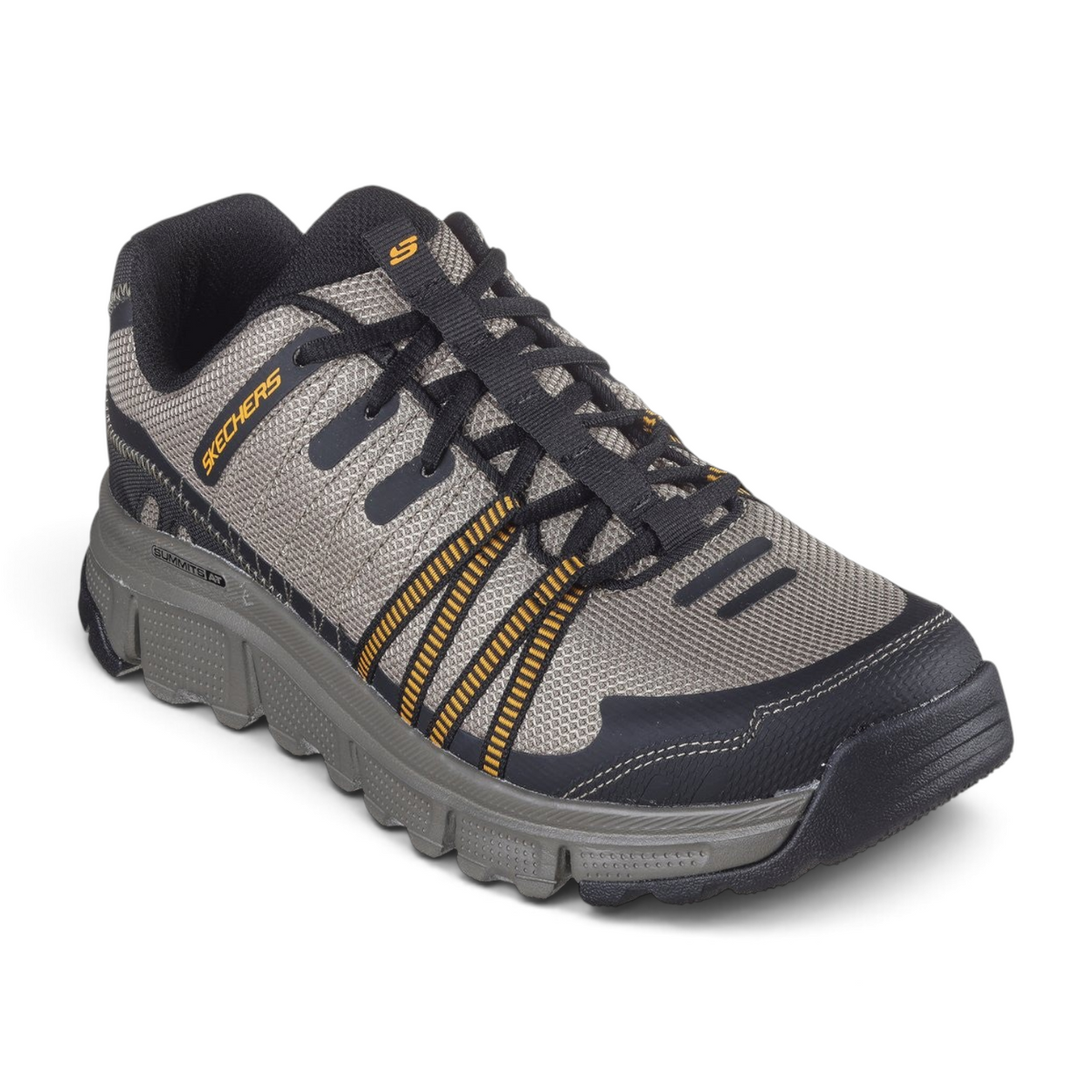 FRG Skechers Summits AT Twin Bridges athletic sneaker in tan and black with mesh upper and memory foam insole