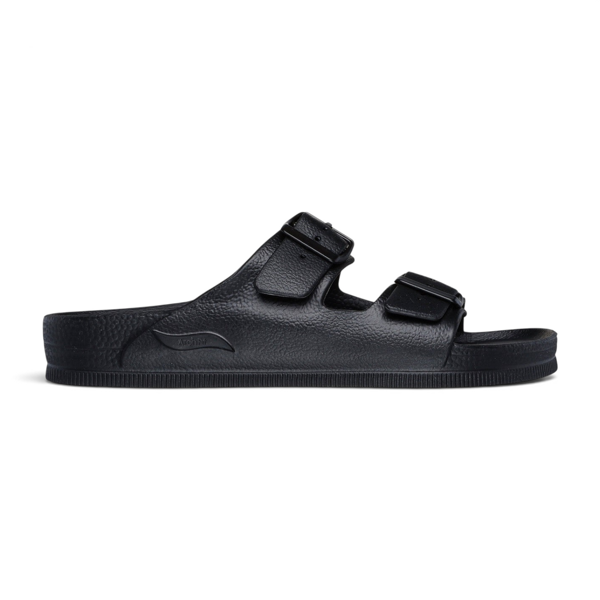 FRG Skechers black dual-strap slide sandal with textured footbed and adjustable buckles