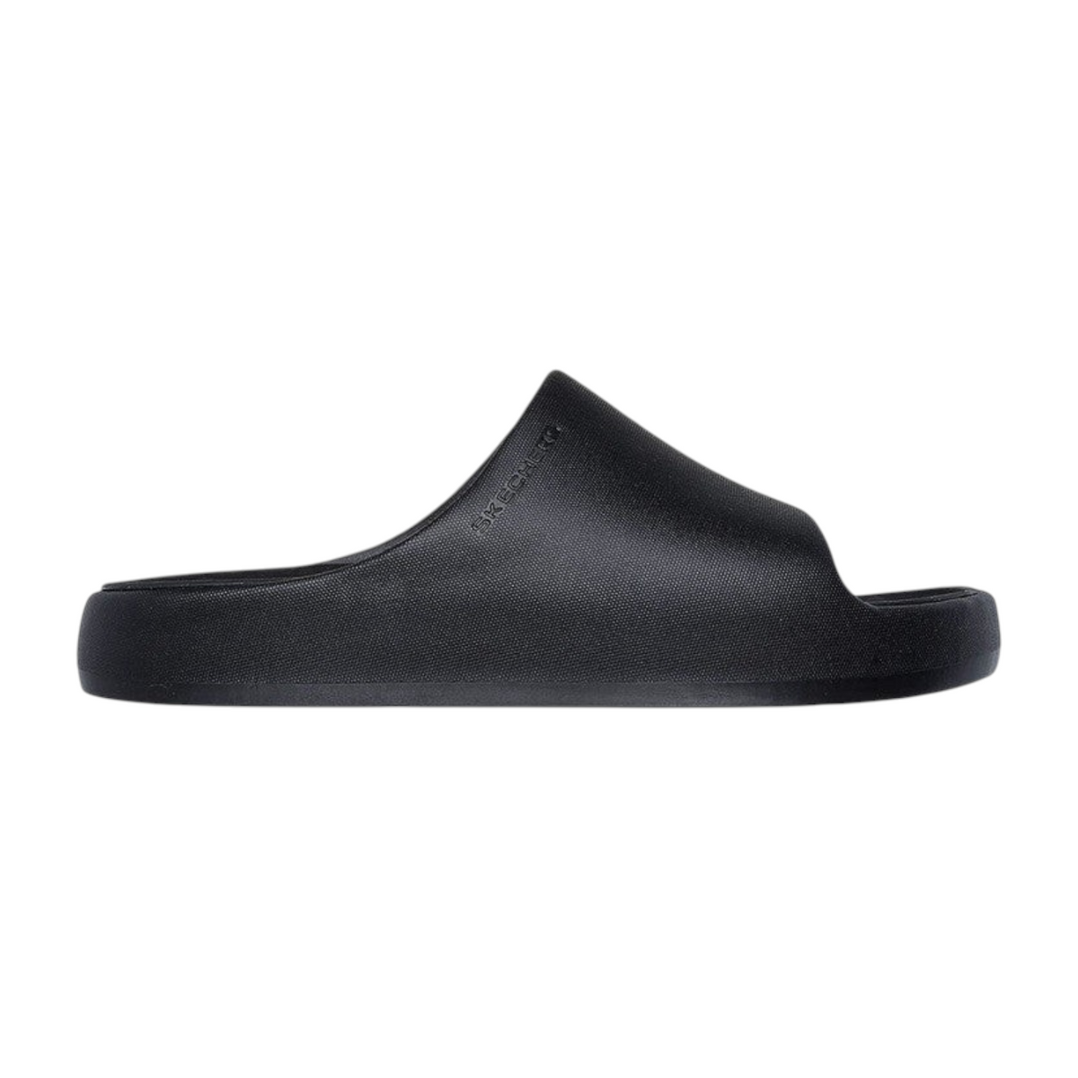 FRG Skechers Foamies Precision Elite black monochromatic vegan slide with a sculpted upper and cushioned footbed