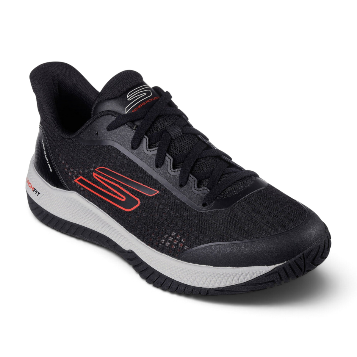 FRG Skechers Viper Court Pro pickleball shoe in black and red with breathable mesh and durable Goodyear outsole